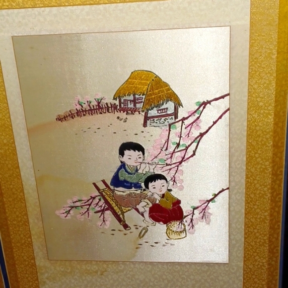 Vintage Korean 2 Panel Screen/Room Divider Embroidered, Scenes 40"x17" ea panel - Picture 2 of 8
